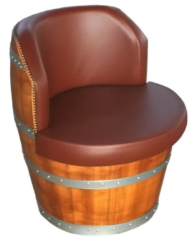 Must-Have Casa Padrino sillón de barril de lujo marrón / natural / plata Ø 69 x A. 75 cm - Sillón de barril de vino tapizado de madera maciza - Muebles de Terrazas de Jardín de Gastronomía