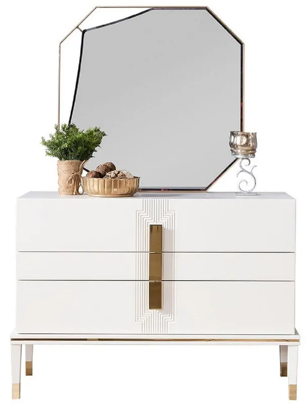 Rabatt Casa Padrino cómoda de dormitorio de lujo con espejo de pared blanco / oro - Mueble moderno de madera maciza con elegante espejo - Muebles de dormitorio de lujo