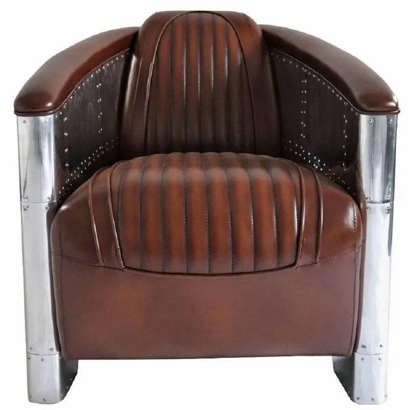 Casa Padrino sillón de cuero auténtico Art Deco de lujo marrón oscuro / plata 90 x 72 x A. 68 cm - Sillón de aluminio con cuero de alta calidad - Muebles sillón de aviador de avión de aluminio Echt