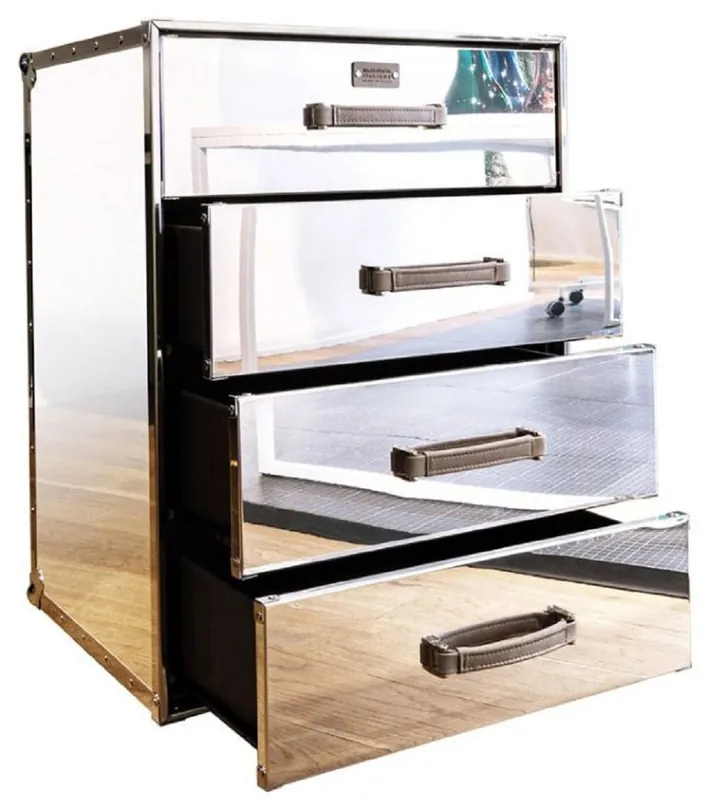Casa Padrino cómoda de lujo en diseño de maleta plata 52 x 43 x A. 75 cm - Cómoda de aluminio espejada hecha a mano con 4 cajones y ruedas - Muebles de Sala y Oficina Preisknaller