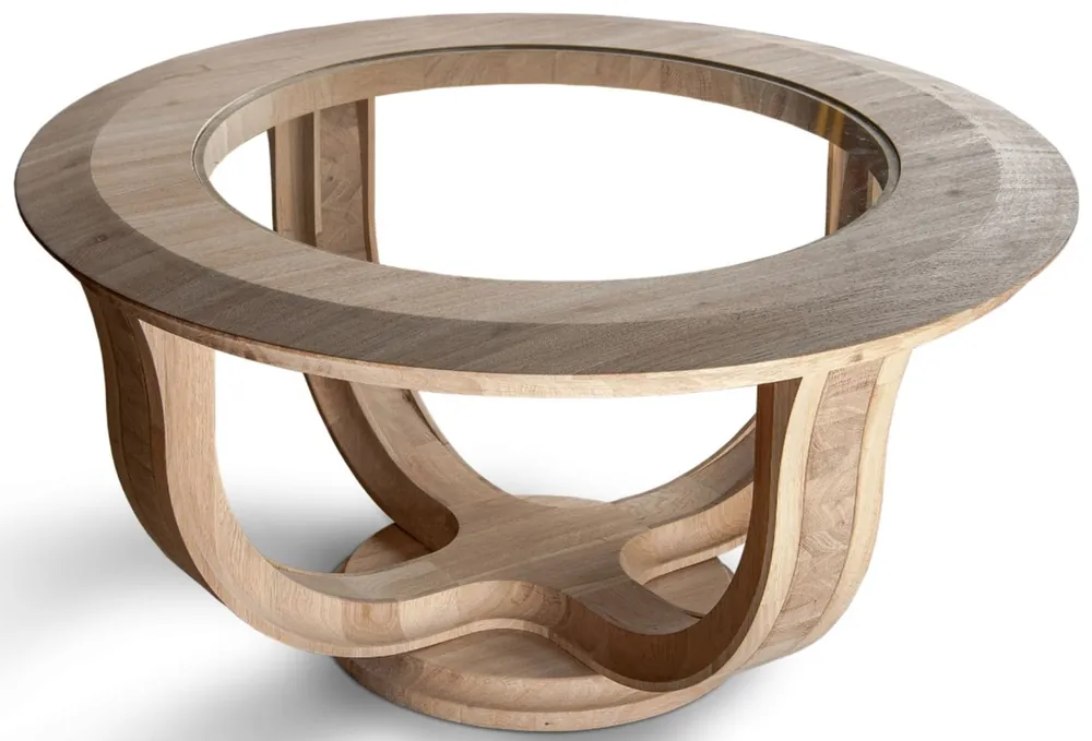 Ausverkauf Casa Padrino mesa de centro de lujo de madera maciza natural Ø 73 x A. 43 cm - Mesa de salón redonda de madera de roble con tapa de vidrio - Muebles de salón de madera maciza