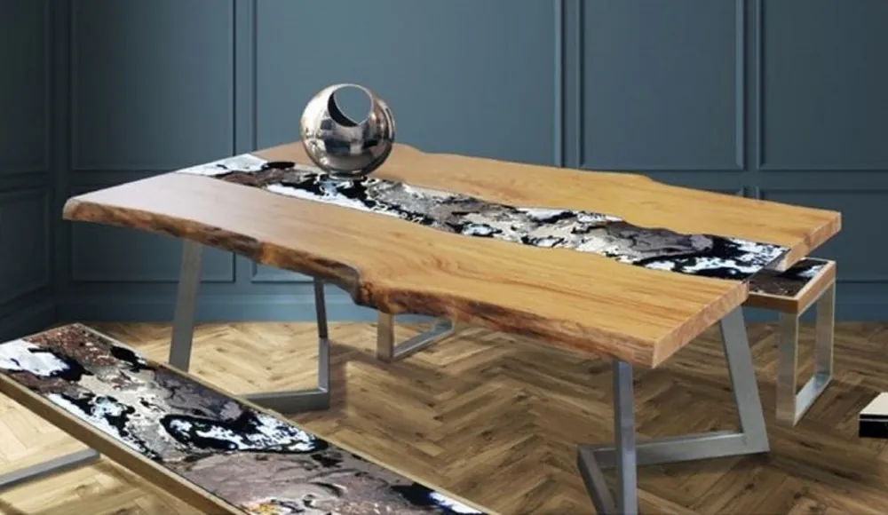 Jetzt Kaufen Casa Padrino mesa de comedor de lujo natural / multicolor / plata 200 x 100 x A. 75 cm - Mesa moderna de madera maciza con piedra de lava noble y estructura de acero inoxidable - Muebles de Comedor