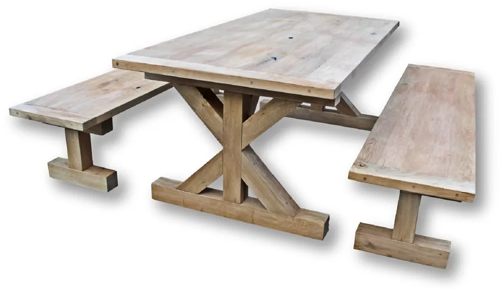 Mega-Angebot Casa Padrino conjunto de comedor de madera maciza natural - Mesa de Comedor de Madera de Roble con 2 Bancos - Muebles de comedor - Muebles de restaurante - Muebles rústicos de roble