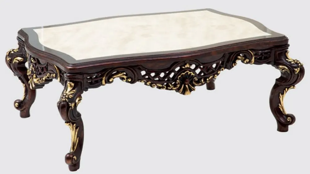 Casa Padrino mesa de centro barroco de lujo marrón oscuro / crema / oro 130 x 95 x A. 51 cm - Magnífica mesa de salón de madera maciza en estilo barroco - Muebles Barrocos Neu