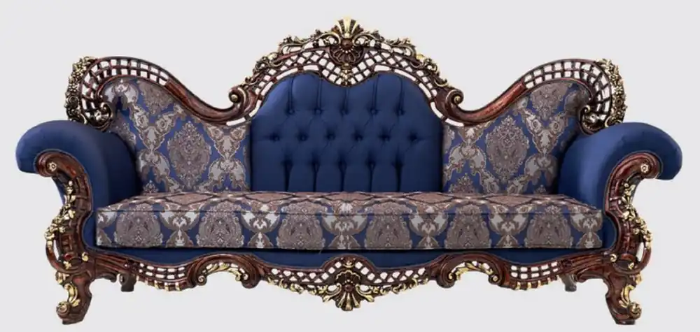 Casa Padrino sofá barroco de lujo azul / marrón oscuro / oro 270 x 100 x A. 122 cm - Magnífico sofá de salón con patrón elegante - Muebles de estilo barroco Echt