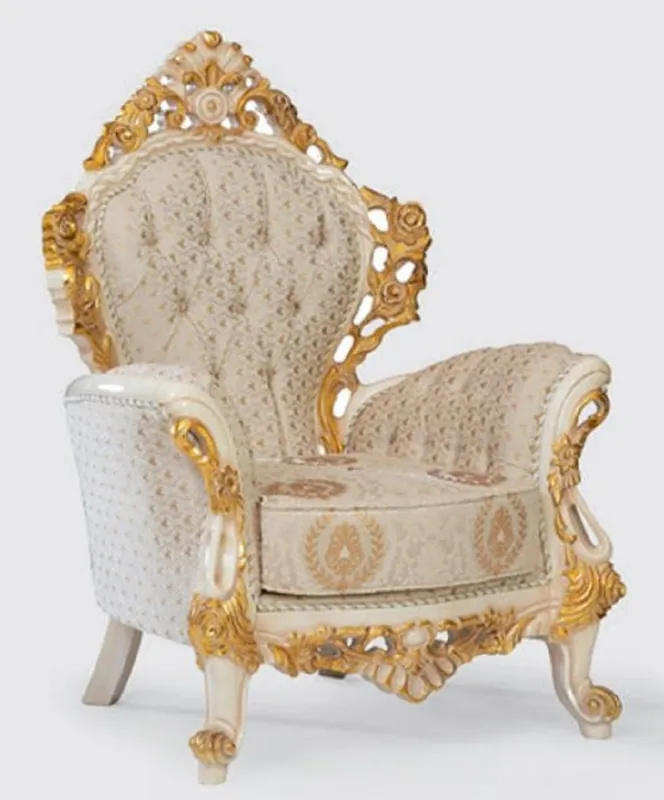 Casa Padrino sillón barroco de lujo crema / blanco / oro 100 x 80 x A. 125 cm - Sillón de salón hecho a mano con patrón elegante - Muebles de salón barrocos - Noble y Magnífico Top-Preis