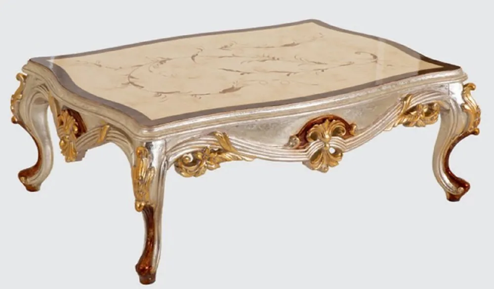 Jetzt Kaufen Casa Padrino mesa de centro barroco de lujo crema / plata / marrón / oro 125 x 90 x A. 45 cm - Mesa de salón de madera maciza hecha a mano en estilo barroco - Muebles Barrocos