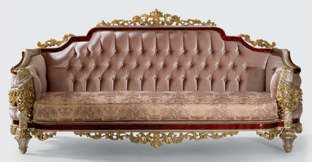 Markenware Casa Padrino sofá barroco de lujo rosa / marrón / plata / oro 240 x 90 x A. 116 cm - Magnífico sofá de salón con patrón elegante - Muebles de estilo barroco