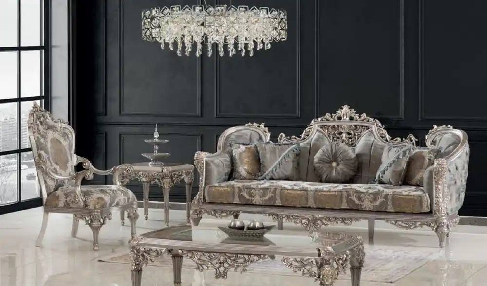 Neue Ware Casa Padrino conjunto de sala de estar barroco de lujo gris / plata / oro - 2 Sofás y 2 Sillones y 1 Mesa de Centro y 2 Mesas Auxiliares - Muebles de salón en estilo barroco - Noble y Magnífica