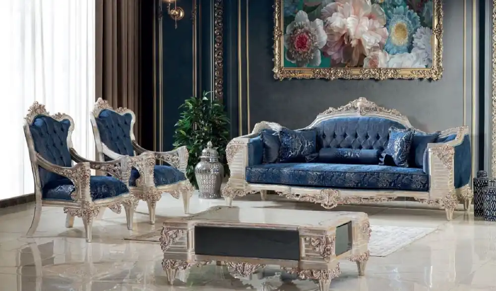 Casa Padrino conjunto de sala de estar barroco de lujo azul / crema / cobre / oro - 2 Sofás y 2 Sillones y 1 Mesa de Centro - Muebles de salón hechos a mano en estilo barroco - Noble y Magnífica Letzte Chance