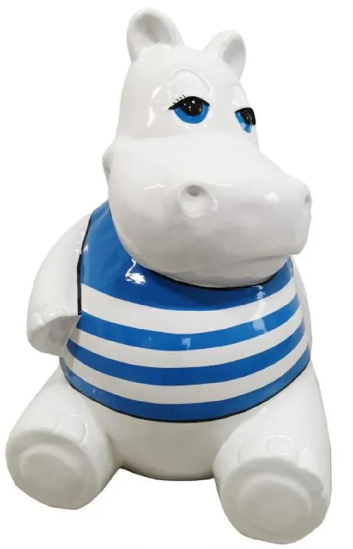 Bestpreis Casa Padrino escultura de diseño hipopótamo sentado blanco / azul A. 100 cm - Figura decorativa resistente a la intemperie - Decoración salón - Decoración jardín - Decoración terraza