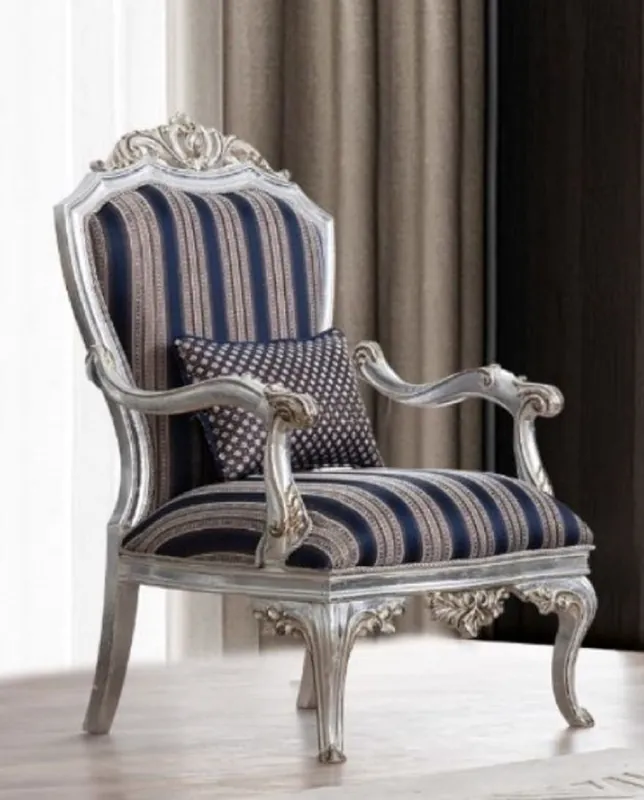 Casa Padrino sillón barroco de lujo azul / plata / oro 75 x 80 x A. 120 cm - Magnífico sillón de salón con rayas - Muebles de salón barrocos Kracherpreis