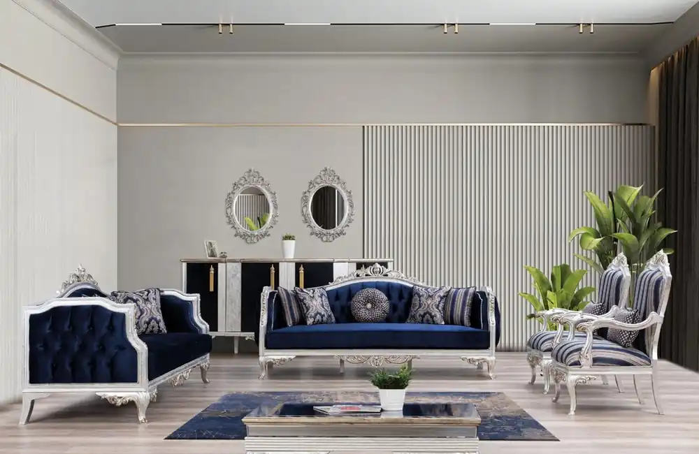 Neuheit Casa Padrino conjunto de sala de estar barroco de lujo azul / plata / oro - 2 Sofás y 2 Sillones y 1 Mesa de Centro - Muebles de salón en estilo barroco - Noble y Magnífica
