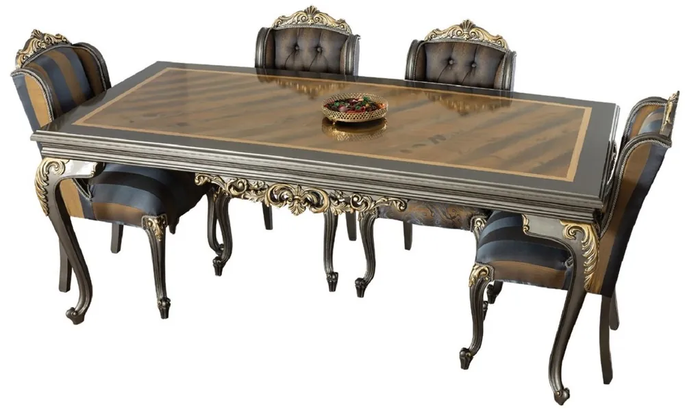 Zertifiziert Casa Padrino conjunto de comedor barroco de lujo azul / gris / oro - 1 Mesa de Comedor y 6 Sillas de Comedor - Muebles de Comedor Barrocos Nobles - Noble y Magnífico