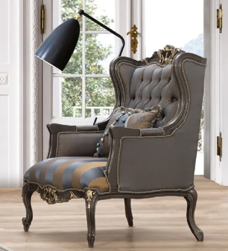 Casa Padrino sillón orejero barroco de lujo azul / gris / oro 75 x 83 x A. 115 cm - Magnífico sillón de salón hecho a mano con cojín - Muebles de salón barrocos Preis Gesenkt