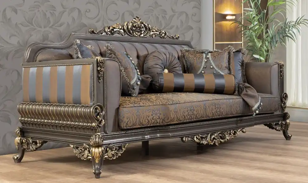 Casa Padrino sofá barroco de lujo azul / gris / oro 235 x 93 x A. 115 cm - Magnífico sofá de salón hecho a mano con cojines decorativos - Muebles de salón barrocos Preiswert