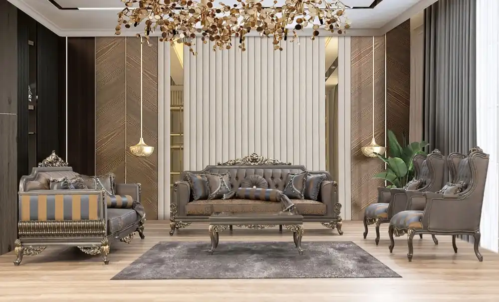 Casa Padrino conjunto de sala de estar barroco de lujo azul / gris / oro - 2 Sofás y 2 Sillones y 1 Mesa de Centro - Muebles de Salón Barrocos Adornados Beliebt