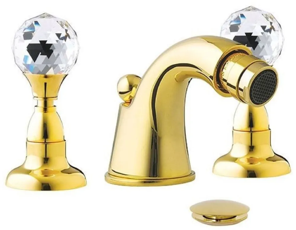Casa Padrino grifo de bañera de lujo con cristal Swarovski oro A. 5,5 cm - Mezclador de baño de tres orificios con vaciador - Accesorios de baño de lujo - Hecho en Italia Echt