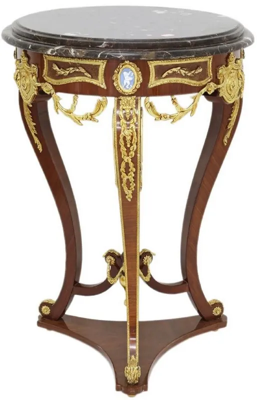 Ausverkauf Casa Padrino mesa auxiliar barroco marrón / oro / negro Ø 55 x A. 78 cm - Mesa redonda de madera maciza de estilo barroco - Muebles de salón barrocos