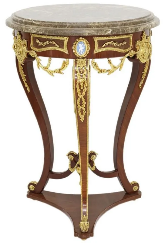 Casa Padrino mesa auxiliar barroco marrón / oro / gris Ø 55 x A. 78 cm - Mesa redonda de madera maciza de estilo barroco - Muebles de salón barrocos Preisknaller