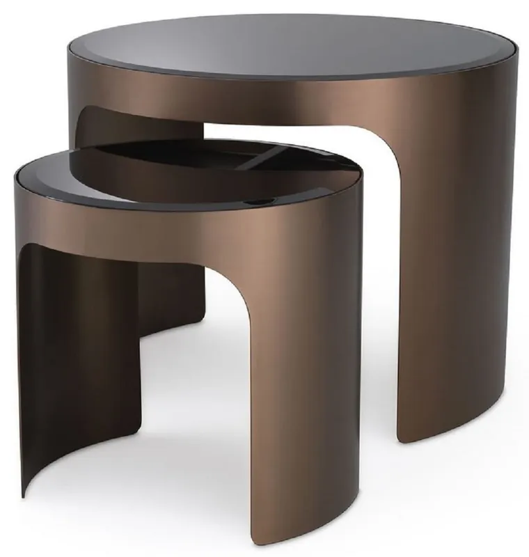 Casa Padrino conjunto de mesa auxiliar de lujo cobre / negro - 2 Mesas redondas de acero inoxidable con tapas de vidrio biselado - Muebles de sala de lujo Begrenztes Angebot