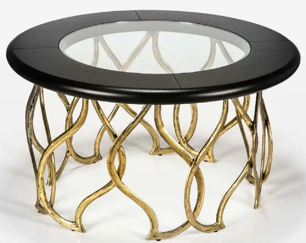 Wochenendangebot Casa Padrino mesa de centro de lujo negro / latón Ø 100 x A. 45 cm - Mesa de salón redonda con tapa de vidrio - Muebles de salón de lujo