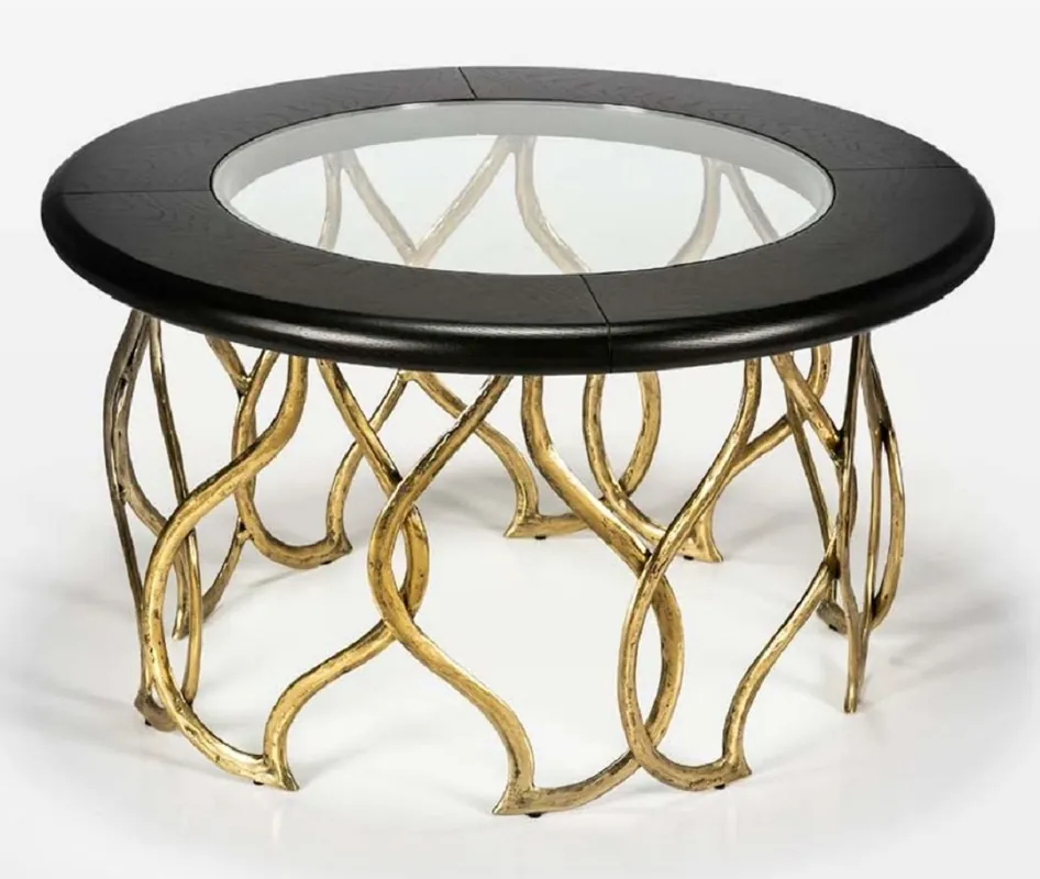 Casa Padrino mesa de centro de lujo negro / latón Ø 80 x A. 45 cm - Mesa de salón redonda con tapa de vidrio - Muebles de salón de lujo Bestpreis