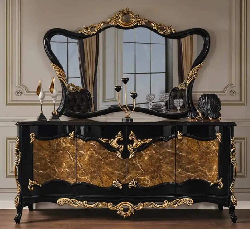Casa Padrino conjunto de muebles barrocos de lujo aparador con espejo marrón / negro / oro - Magnífico mueble de madera maciza con 4 puertas y elegante espejo de pared - Muebles de estilo barroco Schnäppchen
