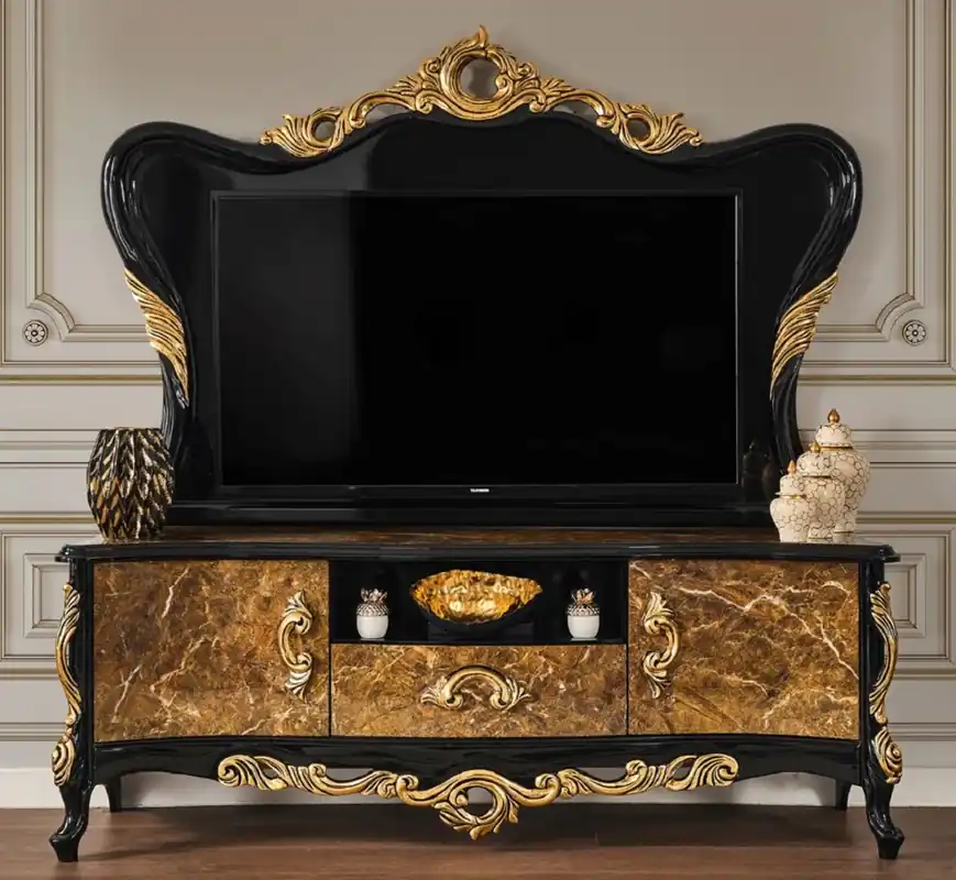 Nur Für Kurze Zeit Casa Padrino gabinete de TV barroco de lujo marrón / negro / oro 180 x 50 x A. 190 cm - Magnífico aparador de madera maciza - Muebles de salón barrocos