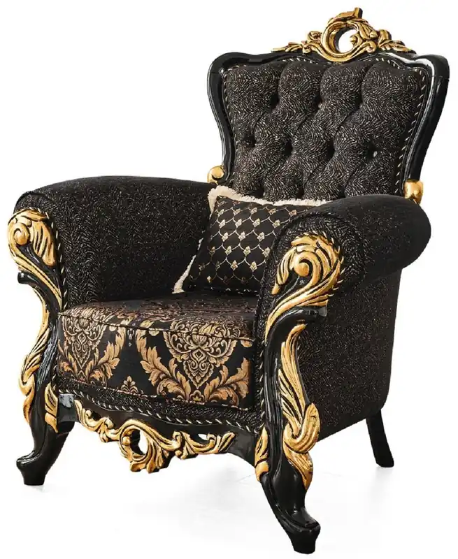 Casa Padrino sillón barroco de lujo negro / oro 103 x 80 x A. 126 cm - Magnífico sillón de salón con patrón y cojín decorativo - Muebles de salón barrocos Sale