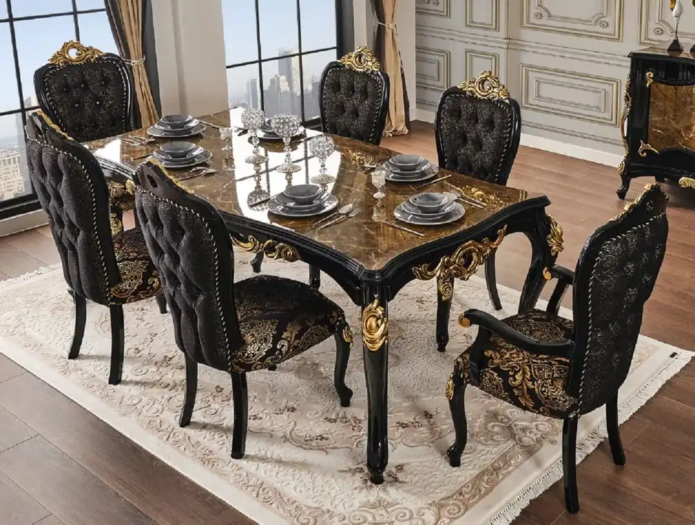 Highlight Casa Padrino mesa de comedor barroco de lujo marrón / negro / oro 210 x 100 x A. 82 cm - Magnífica mesa de comedor de madera maciza con tablero en aspecto de mármol - Muebles de comedor barrocos
