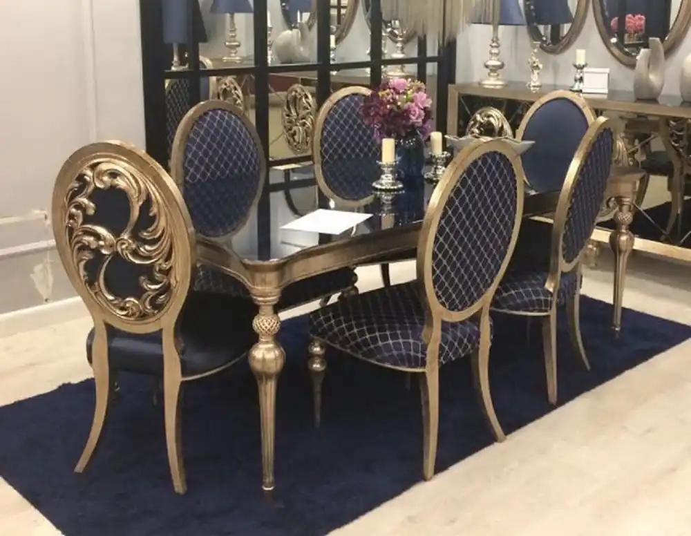 Geprüft Casa Padrino conjunto de comedor barroco de lujo azul / oro antiguo - 1 Mesa de Comedor y 6 Sillas de Comedor - Muebles de Comedor Barrocos - Noble y Magnífico