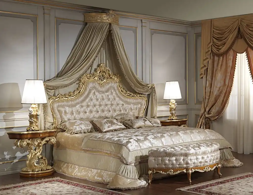 Nur Heute Casa Padrino conjunto de dormitorio barroco de lujo - 1 Cama Doble con Cabecero y 1 Marquesina y 2 Mesitas de Noche y 1 Banco - Muebles de dormitorio barrocos - Noble & Magnífica