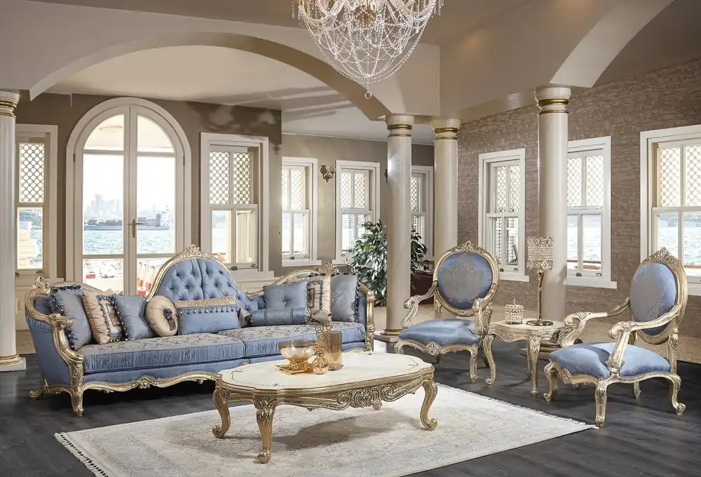 Casa Padrino conjunto de sala de estar barroco de lujo azul claro / blanco / oro antiguo - 2 Sofás y 2 Sillones y 1 Mesa de Centro y 2 Mesa Auxiliares - Muebles de salón barrocos Bestseller
