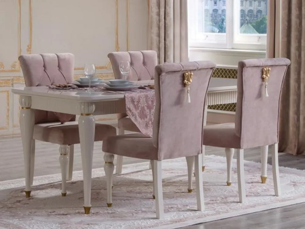 Sonderaktion Casa Padrino conjunto de comedor barroco de lujo rosa / blanco / oro - 1 Mesa de Comedor y 6 Sillas de Comedor - Muebles de comedor barroco