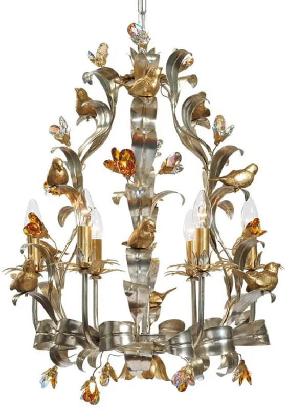 Casa Padrino araña de luces Art Nouveau de lujo pájaros plata / oro / multicolor Ø 55 x A. 65 cm - Elegante lámpara de araña de metal con cristal Swarovski - Luces Barrocos y Art Nouveau Jetzt Kaufen