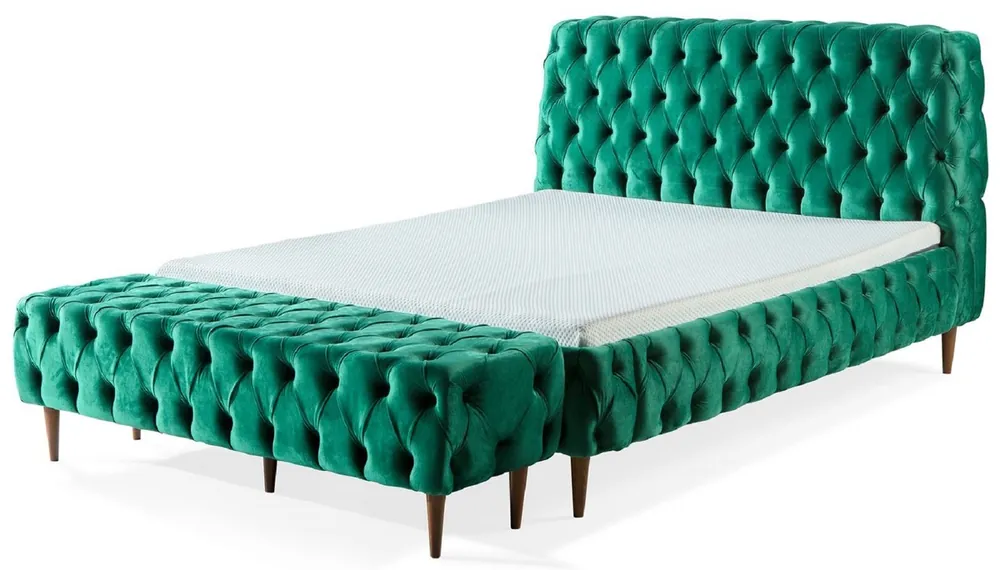 Casa Padrino cama doble Chesterfield de lujo verde / marrón - Varios Tamaños - Cama moderna con colchón y banco - Muebles de Dormitorio Preisknaller