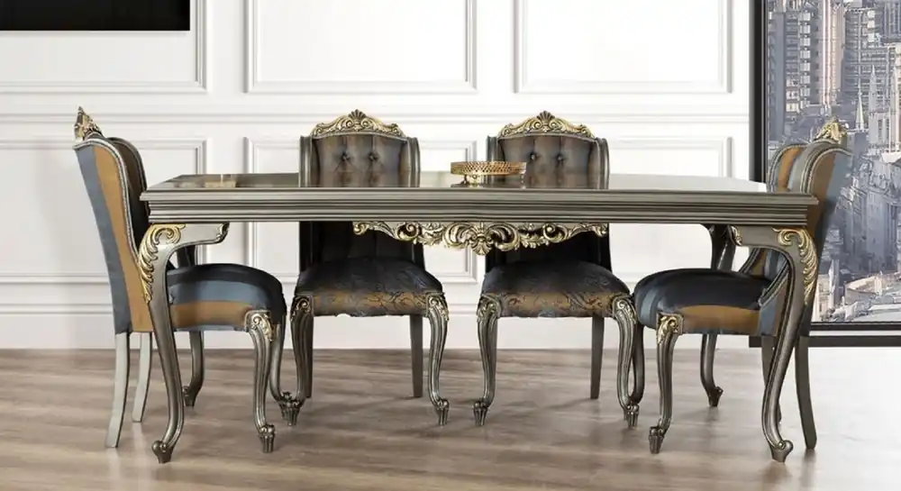 Sonderaktion Casa Padrino mesa de comedor barroco de lujo gris / oro - Mesa de comedor de madera maciza noble - Muebles de comedor barrocos - Noble y Magnífico