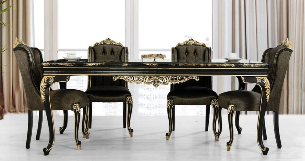 Casa Padrino mesa de comedor barroco de lujo negro / oro - Mesa de comedor de madera maciza noble - Muebles de comedor barrocos - Noble y Magnífico Knallerangebot