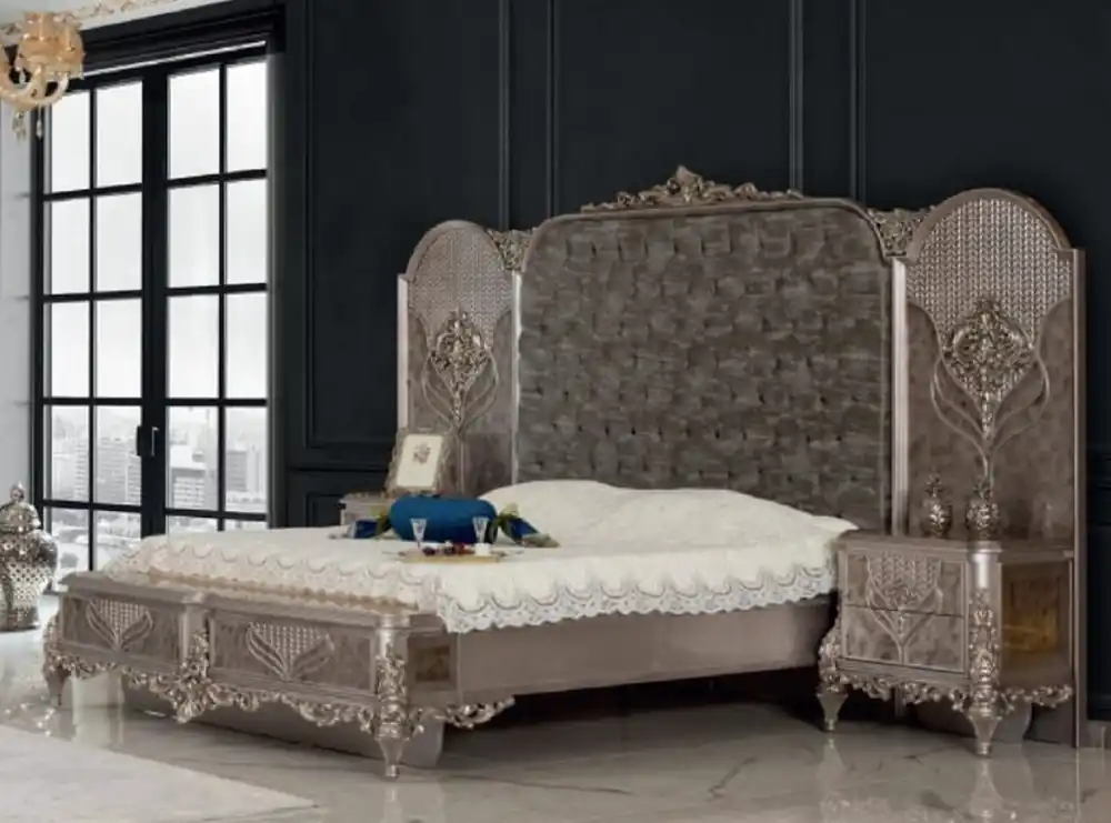 Schnäppchen Casa Padrino conjunto de dormitorio barroco de lujo plata - 1 Cama Doble con Cabecera y 2 Mesitas de Noche - Muebles de dormitorio de estilo barroco - Noble y Magnífico
