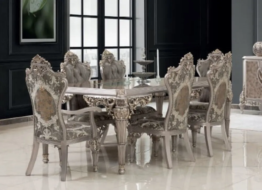Casa Padrino conjunto de comedor barroco de lujo gris / plata - 1 Mesa de Comedor y 8 Sillas de Comedor - Magnífico muebles de comedor de estilo barroco Neuheit