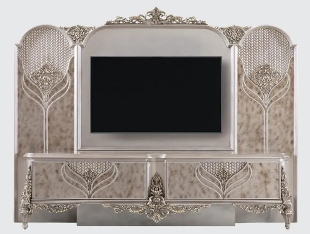Casa Padrino armario de TV barroco de lujo plata - Magnífico aparador de salón con pared trasera - Muebles de salón barrocos Schneller Versand