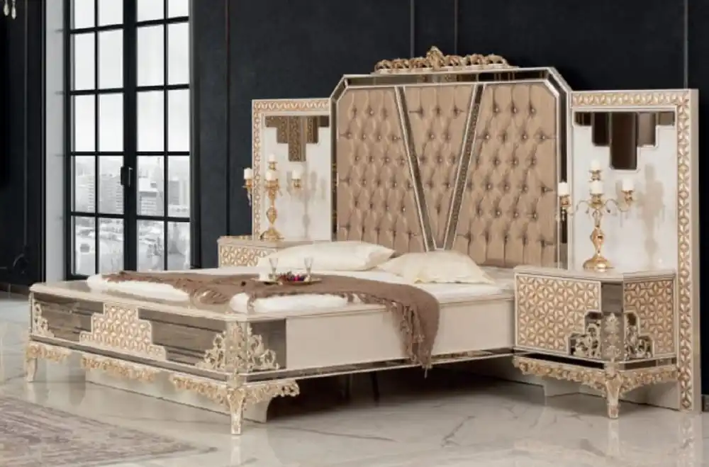 Wochenendangebot Casa Padrino conjunto de dormitorio barroco de lujo blanco / oro - 1 Cama Doble con Cabecera y 2 Mesitas de Noche - Muebles de dormitorio de estilo barroco - Noble y Magnífico