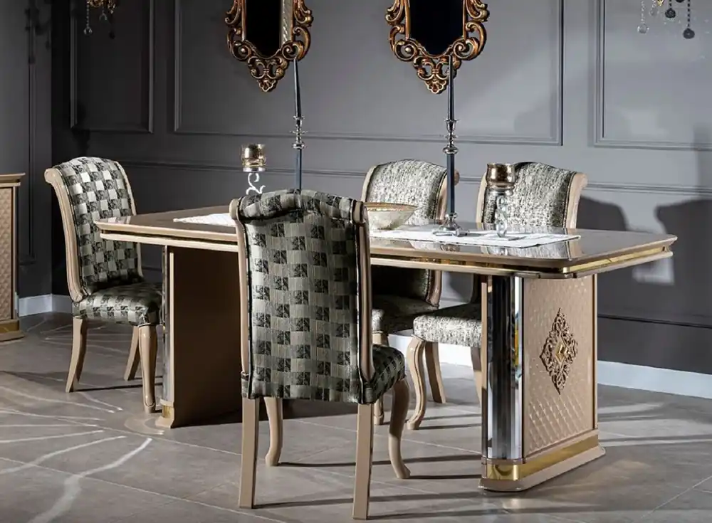 Casa Padrino Conjunto de Comedor Art Déco de Lujo Beige / Oro - 1 Mesa de Comedor y 6 Sillas de Comedor - Muebles de Comedor Art Déco Hechos a Mano Kracherpreis