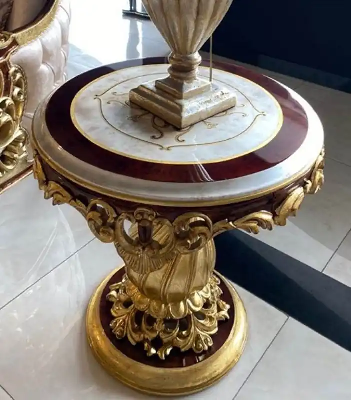 Nur Für Kurze Zeit Casa Padrino mesa auxiliar barroco de lujo blanco / marrón / oro - Mesa redonda de madera maciza en estilo barroco - Muebles de salón barrocos hechos a mano - Noble y Magnífica