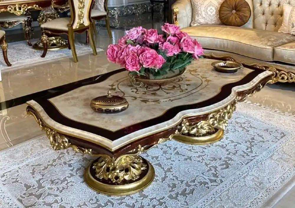 Sonderaktion Casa Padrino mesa de centro barroco de lujo blanco / marrón / oro - Mesa de madera maciza hecha a mano en estilo barroco - Muebles de salón barrocos - Noble y Magnífica