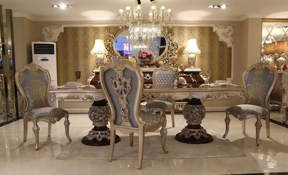 Casa Padrino conjunto de sillas de comedor barroco de lujo azul claro / beige / plata - Magnífico conjunto de 8 sillas de cocina - Muebles de comedor barrocos Echt