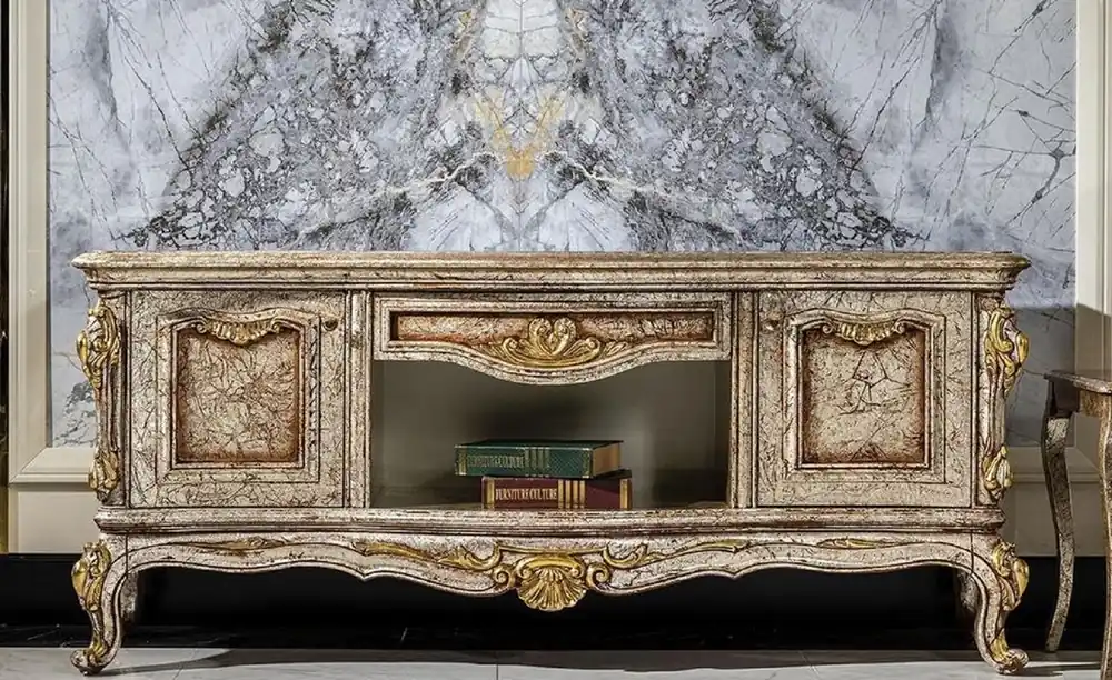 Casa Padrino armario de TV barroco de lujo plata antigua / marrón / oro - Magnífico aparador de salón con 2 puertas y cajón - Muebles de salón barrocos Knallerangebot