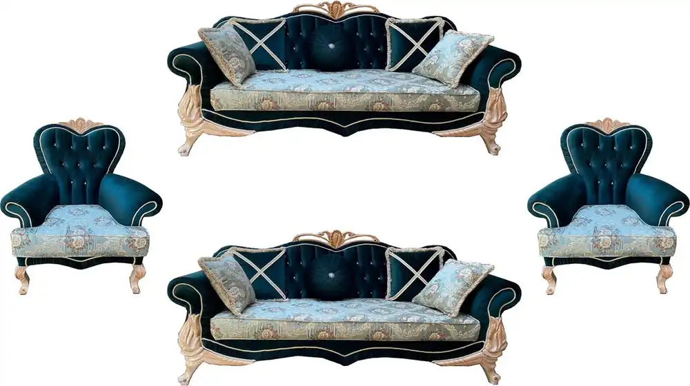 Casa Padrino conjunto de sala de estar barroco de lujo con patrón floral elegante y pedrería turquesa / verde / crema - 2 Sofás y 2 Sillones - Magnífica muebles de salón barrocos Letzte Chance