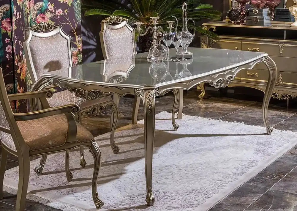 Casa Padrino mesa de comedor barroco de lujo plata - Magnífica mesa de comedor de madera maciza - Muebles de comedor barrocos - Noble y Magnífico Zertifiziert